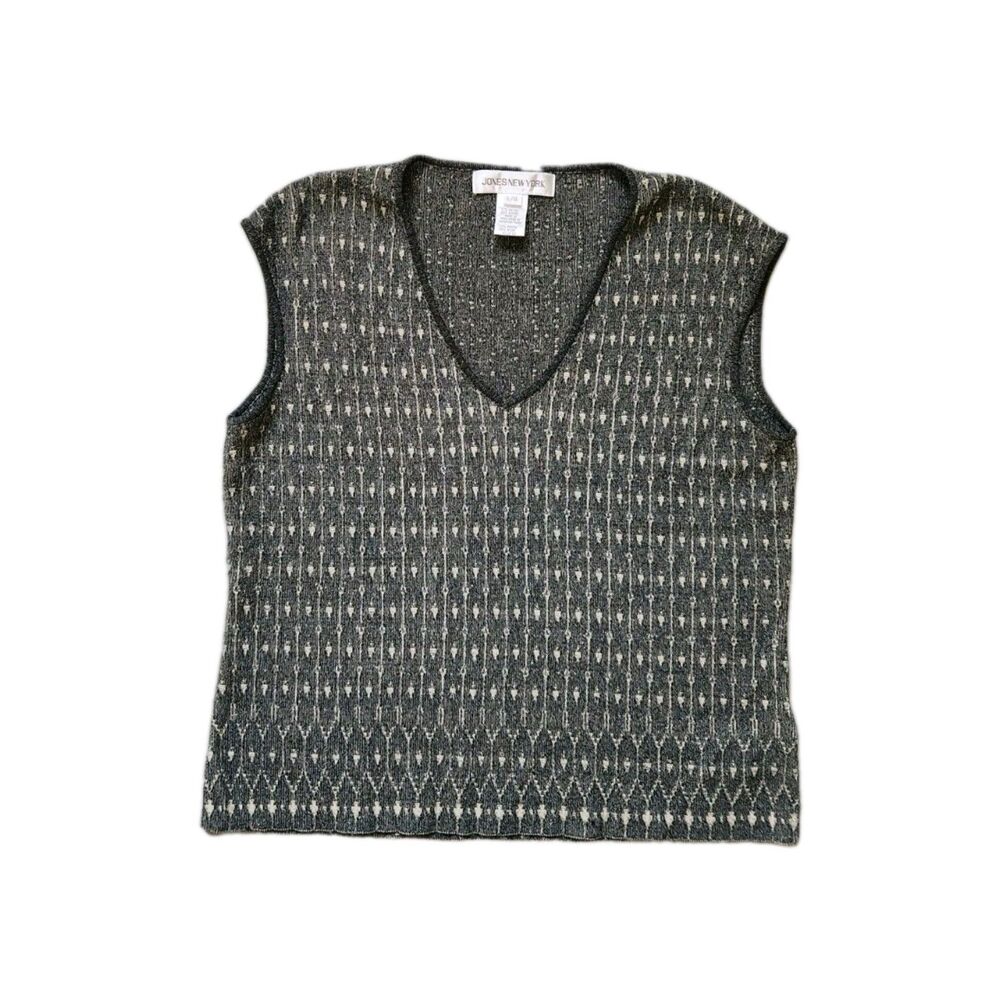VTG Jones New York Sleeveless Blouse V Neck Geometric Stretch Heavyweight Sz L